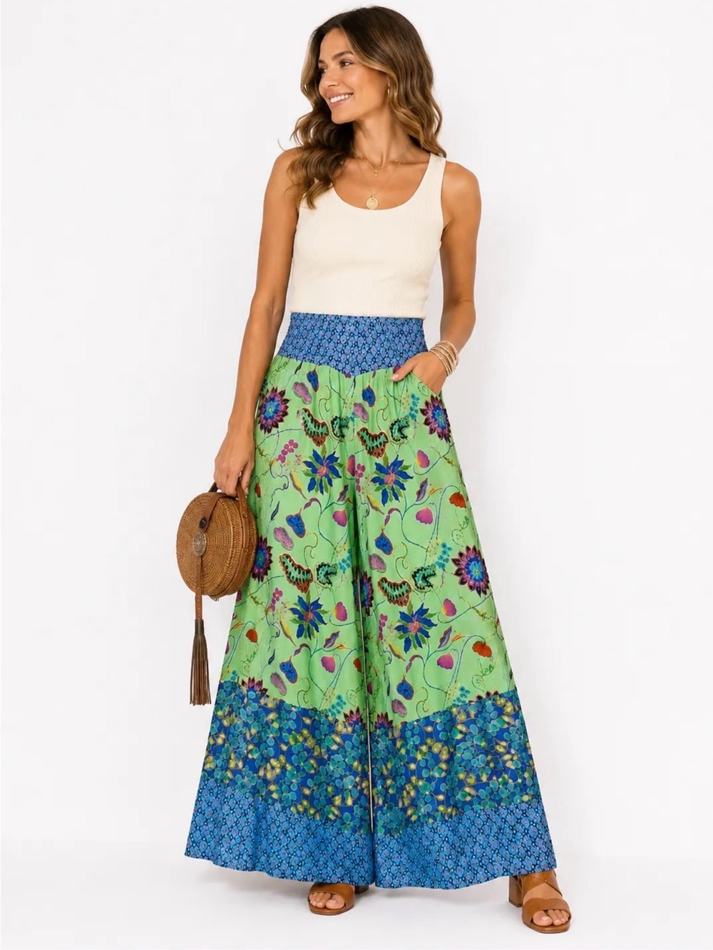 Avani Boho Floral Wide-Leg Skirt with Blue Waistband - Green